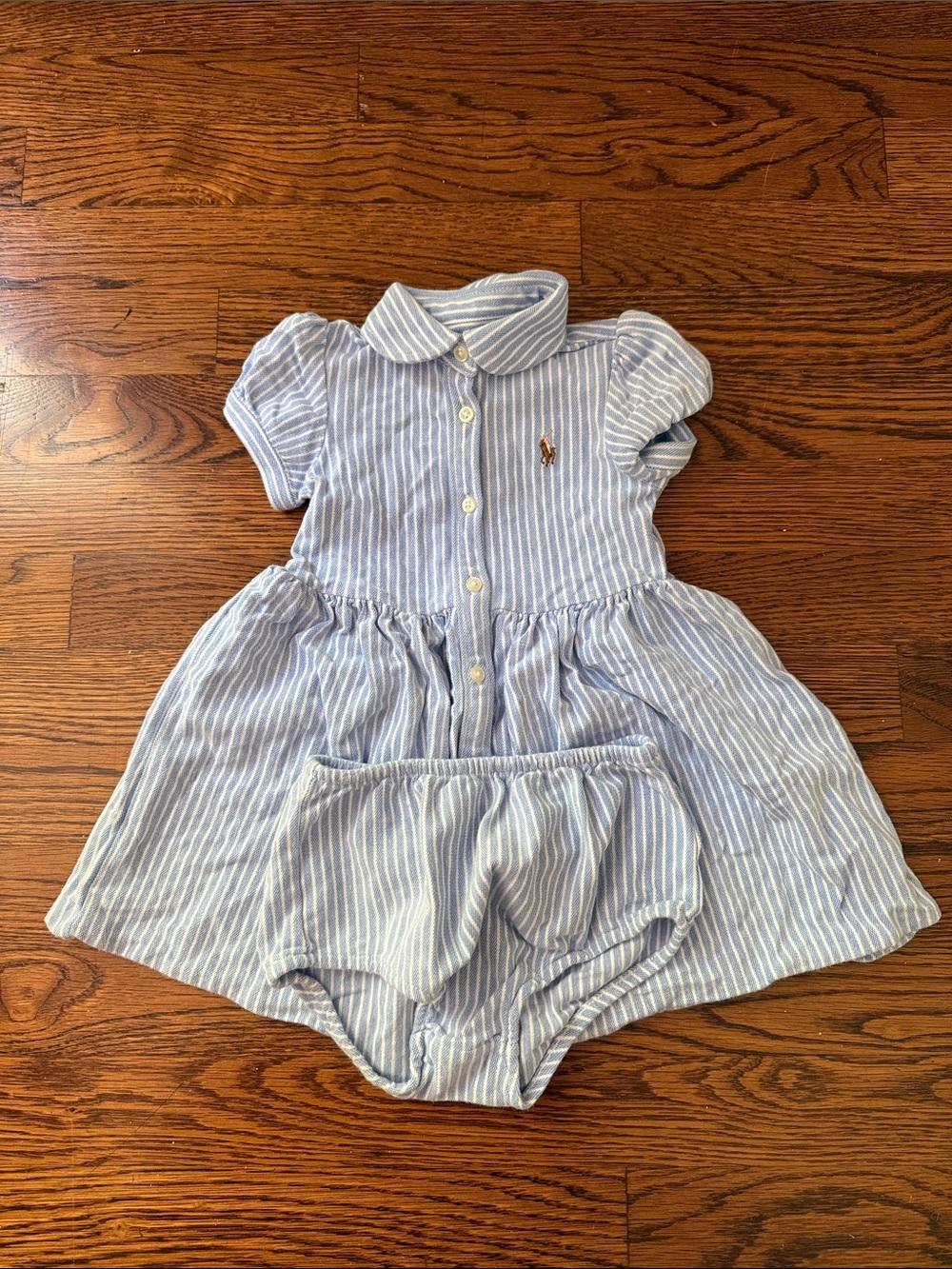 Ralph Lauren Blue & White Striped Cotton Baby Dress with Bloomer Set